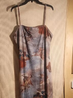 Women's Sleeveless Printed Slip Dress in Dusty Blue and Rust